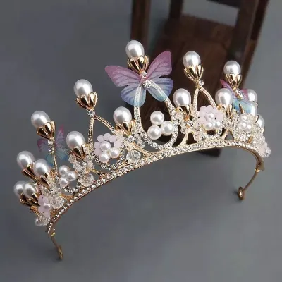 Pearl Rhinestone Butterfly Party Queen Crown